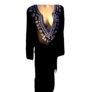 CHICOS SILK embroidered V neck Tunic black white sheer long sleeve Size 0 or Med